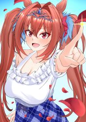 Rule 34 | 1girl, :d, absurdres, animal ears, blue skirt, blush, breasts, brown hair, casual, cleavage, daiwa scarlet (umamusume), fang, hair between eyes, hair intakes, highres, horse ears, horse girl, index finger raised, large breasts, long hair, looking at viewer, off shoulder, open mouth, plaid, plaid skirt, red eyes, shirt, skirt, smile, solo, tiara, toshi04193211, twintails, umamusume, very long hair, white shirt