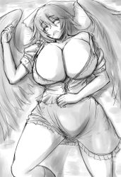 Rule 34 | 1girl, breasts, cleavage, drooling, female focus, gradient background, greyscale, hanemikakko, huge breasts, large wings, long hair, miniskirt, monochrome, off shoulder, open clothes, open mouth, open shirt, reiuji utsuho, shirt, skirt, sleeping, solo, touhou, unbuttoned, white background