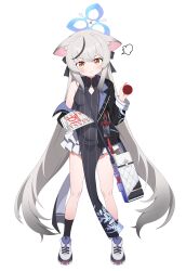 Rule 34 | 1girl, absurdres, akira (aristole), animal ears, black dress, black hair, black socks, blue archive, breasts, closed mouth, cross-laced footwear, dress, frills, full body, grey hair, halo, highres, jacket, kokona (blue archive), long hair, long sleeves, looking at viewer, multicolored hair, off shoulder, open clothes, open jacket, orange eyes, pelvic curtain, puff of air, shoes, simple background, small breasts, sneakers, socks, solo, standing, star (symbol), streaked hair, tassel, test score, very long hair, white background, white footwear