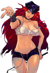 Rule 34 | 1girl, alternate eye color, alternate hair color, big hair, blue eyes, breasts, david liu, denim, denim shorts, female focus, final fight, hat, large breasts, long hair, md5 mismatch, narrow waist, peaked cap, pink hair, pointing, poison (final fight), riding crop, short shorts, shorts, smile, solo, tank top, underboob