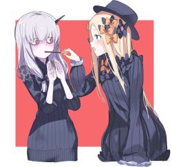 Rule 34 | 2girls, abigail williams (fate), bags under eyes, black bow, black dress, black headwear, blonde hair, blue eyes, blush, bow, bug, butterfly, commentary, cropped torso, dress, eye contact, fate/grand order, fate (series), feeding, food, hair between eyes, hair bow, hands up, hat, highres, holding, holding food, horns, insect, lavinia whateley (fate), long hair, long sleeves, looking at another, multiple girls, open mouth, orange bow, parted bangs, pocky, pocky day, polka dot, polka dot bow, profile, purple eyes, red background, silver hair, sleeves past fingers, sleeves past wrists, two-tone background, upper body, usuaji, very long hair, white background, wide-eyed