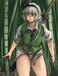Rule 34 | 1girl, ascot, bamboo, bamboo forest, bob cut, chanta (ayatakaoisii), collared shirt, cowboy shot, flat chest, focused, forest, fundoshi, green eyes, green vest, grey hair, hairband, highres, japanese clothes, konpaku youmu, looking to the side, looking up, nature, no pants, plump, sheath, sheathed, shirt, short hair, sleeves rolled up, solo, standing, thighs, touhou, white shirt, wind