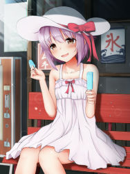 Rule 34 | 10s, 1girl, :d, bare arms, bare shoulders, bench, blurry, blush, brown eyes, collarbone, commentary request, day, depth of field, dress, food, giving, hand up, hat, hat ribbon, highres, holding, idolmaster, idolmaster cinderella girls, koshimizu sachiko, light rays, looking at viewer, monaka curl, open mouth, outdoors, popsicle, poster (object), purple hair, red ribbon, ribbon, shadow, short dress, short hair, sitting, sleeveless, sleeveless dress, smile, solo, sparkle, sun hat, sunlight, tareme, white dress, white hat