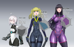 Rule 34 | 3girls, ahoge, black hair, blue eyes, blush, bodysuit, breasts, cameltoe, dual wielding, flat chest, gloves, green hair, highres, holding, large breasts, long hair, looking at viewer, low ponytail, medium breasts, multiple girls, open mouth, original, ponytail, purple eyes, red eyes, shiny clothes, silver hair, skin tight, smile, soramin, twintails, very long hair