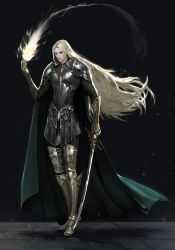Rule 34 | absurdres, androgynous, armor, black background, blonde hair, boots, cape, elf, fantasy, fire, full body, gauntlets, gender request, greaves, green cape, highres, holding, holding sword, holding weapon, long hair, looking at viewer, mucuzi, original, pointy ears, red eyes, standing, sword, very long hair, weapon