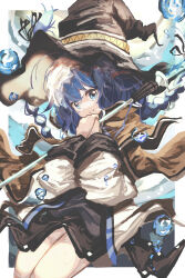 Rule 34 | 1girl, absurdres, air bubble, black skirt, blue eyes, blue hair, braid, brown cloak, bubble, cloak, collar, feet out of frame, hair between eyes, hat, highres, holding, holding staff, jacket, looking at viewer, mage staff, mushoku tensei, own hands clasped, own hands together, roxy migurdia, shion (1016 shio), skirt, smile, solo, staff, thighs, triangle mouth, twin braids, underwear, white collar, white jacket, witch hat