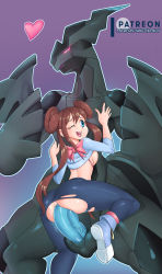 Rule 34 | 1girl, absurdres, blue eyes, breasts, brown hair, clothed sex, clothes lift, creatures (company), double bun, dragon, game freak, gen 5 pokemon, hair between eyes, hair bun, highres, huge penis, interspecies, legendary pokemon, long hair, medium breasts, monster, nauth, nintendo, one eye closed, open mouth, pantyhose, penis, pokemon, pokemon (creature), pokemon bw2, pokephilia, ponytail, purple background, rosa (pokemon), sex, shirt lift, simple background, size difference, torn clothes, torn legwear, uncensored, zekrom