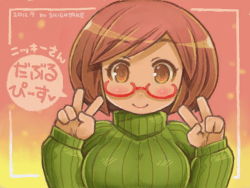 Rule 34 | 10s, 1girl, 2012, artist name, blush, bob cut, breasts, brown eyes, brown hair, commentary, dated, double v, glasses, green shirt, looking at viewer, medium breasts, nikki (swapnote), nintendo, plump, red-framed eyewear, ribbed sweater, ribbed turtleneck sweater, shigatake, shirt, short hair, smile, solo, swapnote, sweater, translation request, turtleneck, turtleneck sweater, v