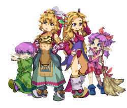Rule 34 | 2boys, 2girls, abs, absurdres, blonde hair, broom, character request, full body, green robe, hands on own hips, headdress, height difference, highres, legend of mana, leotard, midriff, multiple boys, multiple girls, pointy footwear, purple hair, purple leotard, robe, seiken densetsu, simple background, tenjin, white background