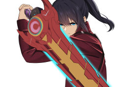 Rule 34 | 1boy, arms up, black hair, blue eyes, commentary, english commentary, hair between eyes, holding, holding sword, holding weapon, jacket, long hair, long sleeves, looking at viewer, male focus, namu (112namu), noah (xenoblade), ponytail, red jacket, simple background, solo, sword, two-handed, upper body, v-shaped eyebrows, weapon, white background, xenoblade chronicles (series), xenoblade chronicles 3