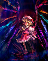 Rule 34 | 1girl, ascot, blonde hair, dark background, flandre scarlet, frilled shirt collar, frilled skirt, frilled sleeves, frills, full body, hair between eyes, hat, hat ribbon, head tilt, large wings, looking at viewer, mary janes, medium hair, mob cap, multicolored wings, open mouth, puffy short sleeves, puffy sleeves, red eyes, red footwear, red ribbon, red skirt, red vest, ribbon, shirt, shoes, short sleeves, skirt, skirt set, socks, solo, teeth, touhou, upper teeth only, vest, white hat, white shirt, white socks, wings, yellow ascot, yt-nagi