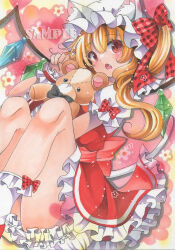 Rule 34 | 1girl, black ribbon, blonde hair, blush, cowboy shot, crystal wings, dress, flandre scarlet, frilled dress, frills, hat, highres, looking at viewer, maccha xxxxxx, mob cap, open mouth, red dress, red ribbon, ribbon, side ponytail, solo, stuffed animal, stuffed toy, teddy bear, touhou