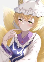 Rule 34 | 1girl, absurdres, anima miko, animal hat, blonde hair, blush, dress, fox tail, frilled shirt collar, frills, hat, highres, long sleeves, looking at viewer, mob cap, multiple tails, short hair, smile, solo, tabard, tail, touhou, upper body, white dress, white hat, wide sleeves, yakumo ran, yellow eyes