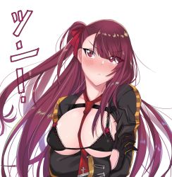 Rule 34 | 1girl, :&lt;, between breasts, black bra, black gloves, blush, bra, breasts, cleavage, crossed arms, girls&#039; frontline, gloves, hair ribbon, head tilt, large breasts, long hair, long sleeves, looking at viewer, necktie, necktie between breasts, nose blush, one side up, open clothes, pink ribbon, purple eyes, purple hair, red necktie, ribbon, ribbon-trimmed bra, sanpaku, shiny skin, simple background, solo, takanaru, translation request, tsurime, underwear, upper body, v-shaped eyebrows, very long hair, wa2000 (girls&#039; frontline), white background