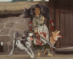 Rule 34 | 1girl, absurdres, animal, apron, barefoot, black hair, blood, boar, breasts, brown eyes, brown hair, dark-skinned female, dark skin, dog, freckles, grey shirt, highres, holding, holding animal, holding sword, holding weapon, imminent death, looking at viewer, mossacannibalis, nipples, original, shirt, small breasts, smile, solo, sword, tassel, toenails, waist apron, weapon, white apron
