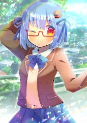 Rule 34 | 1girl, ;), arm behind head, arm up, blazer, blue bow, blue hair, blue ribbon, blue skirt, blurry, blurry background, blush, borrowed character, bow, brown jacket, burger hair ornament, closed mouth, collared shirt, commentary request, day, depth of field, food-themed hair ornament, glasses, hair between eyes, hair ornament, hair ribbon, hamburger-chan (nekoume), jacket, kou hiyoyo, looking at viewer, one eye closed, open clothes, open jacket, original, outdoors, pleated skirt, red-framed eyewear, red eyes, ribbon, semi-rimless eyewear, shirt, skirt, smile, solo, sweater vest, under-rim eyewear, white shirt