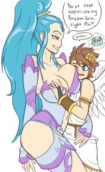 Rule 34 | 1boy, 1girl, amazon pandora, armored leotard, blue hair, blush, breast press, breasts, brown hair, cleavage, femdom, highres, kid icarus, kid icarus uprising, large breasts, long hair, mindwipe, nintendo, palutena, pit (kid icarus), purple eyes, seductive smile, size difference, smile, tagme, taller female, thick thighs, thighs, white background, wide hips
