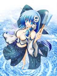Rule 34 | circled 9, 1girl, alternate costume, alternate hair length, alternate hairstyle, barefoot, blue hair, blue ribbon, blue theme, breasts, bursting breasts, cirno, cirno (cosplay), cosplay, detached sleeves, food, foreshortening, fusion, groin, hair ornament, ice, kochiya sanae, kochiya sanae (cosplay), large breasts, long hair, midriff, navel, aged up, osashin (osada), perspective, popsicle, ribbon, skirt, solo, touhou