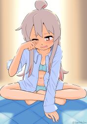 Rule 34 | 1girl, absurdres, ahoge, artist name, bare legs, barefoot, blue bra, blue panties, blue shirt, bra, brown eyes, collarbone, commentary, dress shirt, drooling, flat chest, full body, genderswap, genderswap (mtf), grey hair, happyundergate, highres, indian style, indoors, long hair, long sleeves, mouth drool, multicolored hair, navel, no pants, one eye closed, onii-chan wa oshimai!, open clothes, open mouth, open shirt, oyama mahiro, panties, pink hair, rubbing eyes, shirt, sidelocks, sitting, solo, twitter username, two-tone hair, underwear
