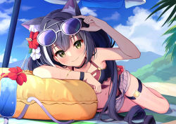 Rule 34 | 1girl, animal ears, black hair, blush, cat ears, cat girl, cat tail, glasses, green eyes, karyl (princess connect!), looking at viewer, princess connect!, swimsuit, syurimp, tail