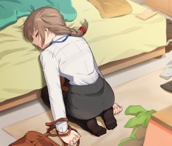 Rule 34 | 1girl, bag, bed, bra visible through clothes, braid, brown hair, brown pantyhose, closed eyes, commentary request, dress shirt, from behind, full body, grey skirt, idolmaster, idolmaster cinderella girls, indoors, kamille (vcx68), long hair, long sleeves, no shoes, office lady, pantyhose, pantylines, parted lips, scrunchie, seiza, senkawa chihiro, shirt, shirt tucked in, sidelocks, sitting, skirt, sleeping, solo, white shirt