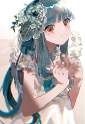 Rule 34 | 1girl, absurdres, blue hair, blunt bangs, bride, chromatic aberration, commentary, dress, flower, frilled dress, frills, hair flower, hair ornament, highres, imamiya pinoko, kotonoha aoi, long hair, looking at viewer, own hands together, red eyes, sleeveless, sleeveless dress, smile, solo, upper body, very long hair, voiceroid, wedding dress, white dress