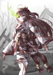 Rule 34 | 1girl, absurdres, ahoge, bell, blood, blood on clothes, blood on hands, bridal garter, cherry blossom print, detached sleeves, flaming eye, floral print, green eyes, hair bell, hair ornament, hairclip, highres, hololive, looking at viewer, open mouth, paw print, paw print pattern, pink hair, sakura miko, sakura miko (1st costume), solo, tears, virtual youtuber, x hair ornament, yu hydra