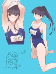 Rule 34 | 1girl, armpits, arms at sides, arms up, asymmetrical hair, bare legs, barefoot, black eyes, black hair, blue background, blue one-piece swimsuit, breasts, cleavage, collarbone, commentary request, competition school swimsuit, embarrassed, eyelashes, highres, kneeling, komi-san wa komyushou desu, komi shouko, looking at viewer, looking away, medium breasts, one-piece swimsuit, ponytail, school swimsuit, shiny skin, sidelocks, simple background, swept bangs, swimsuit, takita (takita3411), translation request, undressing