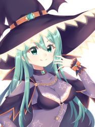 Rule 34 | 1girl, :q, bad id, bad pixiv id, black bra, black cape, black hat, blush, bodysuit, bra, breasts, cape, chain, closed mouth, commentary request, date a live, fingernails, green eyes, green hair, hair between eyes, hand up, hat, highres, light (luxiao deng), long hair, long sleeves, medium breasts, natsumi (date a live), purple bodysuit, smile, solo, star (symbol), star print, tongue, tongue out, underwear, upper body, very long hair, witch hat, wrist cuffs