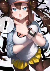 Rule 34 | !, 1girl, artist name, bad id, bad pixiv id, black pantyhose, blouse, blue eyes, blush, breast press, breasts, brown hair, creatures (company), crossed arms, double bun, female focus, game freak, hair bun, hair tie, hand on own chin, hand up, hat, highres, japanese text, jpeg artifacts, leg up, long hair, long sleeves, looking up, medium breasts, nichigeckoh, nintendo, open mouth, pantyhose, poke ball theme, pokemon, pokemon bw2, pokemon masters ex, raglan sleeves, rosa (pokemon), shirt, short shorts, shorts, signature, solo, speech bubble, spoken exclamation mark, standing, standing on one leg, stroking own chin, thinking, translation request, twintails, white shirt, wristband, yellow shorts