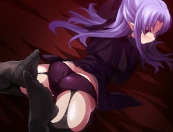 Rule 34 | 00s, 1girl, ass, black thighhighs, blue hair, bow, butt crack, feet, garter belt, hair bow, half updo, len (tsukihime), long hair, lying, melty blood, no shoes, panties, pointy ears, red eyes, shimejinameko, solo, thighhighs, tsukihime, underwear