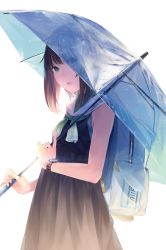 Rule 34 | 1girl, backpack, bag, black dress, black hair, brown hair, commentary request, dress, green eyes, highres, long hair, looking at viewer, original, sailor dress, simple background, sleeveless, sleeveless dress, solo, sousou (sousouworks), transparent umbrella, umbrella, watch, white background, wristwatch