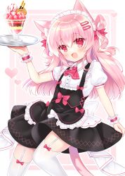 Rule 34 | 1girl, animal ears, arm up, ascot, black skirt, bow, cat ears, cat girl, cat tail, collared shirt, commentary request, garter straps, hair between eyes, hair bow, hair ornament, hair rings, hairclip, highres, holding, holding tray, long hair, maid headdress, original, parfait, pink background, pink hair, puffy short sleeves, puffy sleeves, red ascot, red bow, red eyes, shikito (yawa0w0), shirt, short sleeves, skirt, solo, suspender skirt, suspenders, tail, thighhighs, tray, two-tone background, two side up, white background, white shirt, white thighhighs, wrist cuffs