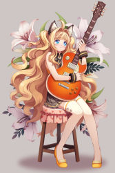 Rule 34 | 1girl, :&lt;, ahoge, animal ears, bad id, bad pixiv id, bare shoulders, blonde hair, blue eyes, bracelet, cat ears, easter lily, edge stripe, electric guitar, flower, gibson les paul, guitar, heart, heart print, instrument, jewelry, knees together feet apart, lily (flower), long hair, seeu, sitting, skirt, solo, tears, thighhighs, very long hair, vocaloid, white flower, white thighhighs, windy4th, yellow footwear