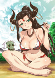 Rule 34 | 1girl, aokihoshi, barefoot, bikini, breasts, brown hair, cleavage, cloud, collar, day, feet, forehead jewel, green eyes, head tilt, highres, holding, holding own hair, horns, indian style, large breasts, long hair, navel, parted lips, pointy ears, ponytail, sidelocks, sitting, sky, solo, sweat, swimsuit, thunderbolt fantasy, toes, very long hair, wide hips, xing hai