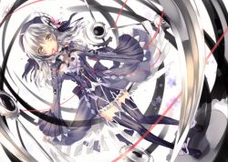 Rule 34 | 10s, 1girl, android, bad id, bad pixiv id, blush, breasts, clockwork planet, clothes lift, dress, dress lift, dutch angle, hair ornament, large breasts, lifting own clothes, long sleeves, looking at viewer, machinery, medium hair, ryuzu (clockwork planet), short dress, silver hair, solo, standing, string, string of fate, thighhighs, veil, weapon, yellow eyes, yuihira asu, zettai ryouiki