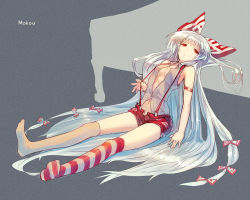 Rule 34 | 1girl, adapted costume, asymmetrical legwear, bad id, bad pixiv id, bare shoulders, bow, breasts, character name, cleavage, female focus, fujiwara no mokou, hair bow, hair ribbon, kaito (k4itoh), long hair, mismatched legwear, navel, red eyes, ribbon, shorts, solo, striped clothes, striped thighhighs, suspenders, thighhighs, touhou, very long hair, white hair