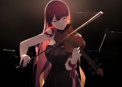 Rule 34 | 1girl, absurdres, backlighting, black dress, breasts, dress, earrings, girls&#039; frontline, glowing, hair ribbon, half-closed eyes, highres, instrument, isaka wasabi, jewelry, large breasts, light particles, long hair, looking at hands, music, official alternate costume, playing instrument, purple hair, red eyes, red ribbon, ribbon, serious, sidelocks, single strap, solo, upper body, violin, wa2000 (ballroom interlude) (girls&#039; frontline), wa2000 (girls&#039; frontline), wrist ribbon