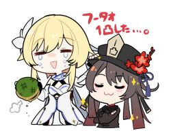 Rule 34 | 2girls, :3, puff of air, blonde hair, brown hair, chibi, closed eyes, crossed arms, detached sleeves, dress, flower, genshin impact, gradient hair, hair flower, hair ornament, hat, hat flower, hu tao (genshin impact), long hair, long sleeves, lumine (genshin impact), multicolored hair, multiple girls, mzh, open mouth, red hair, short hair with long locks, sparkle, tassel, tears, translation request, twintails, white dress, white flower