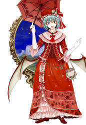Rule 34 | 1girl, alternate costume, bag, blue hair, dress, elbow gloves, embellished costume, fang, female focus, gloves, handbag, hat, low wings, mirror, open mouth, parasol, pocket watch, red dress, red eyes, remilia scarlet, shoes, short hair, smile, solo, touhou, tsurui, umbrella, watch, wings