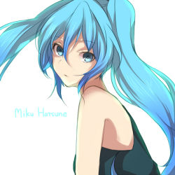 Rule 34 | 1girl, bare shoulders, blue eyes, blue hair, face, female focus, hatsune miku, long hair, matching hair/eyes, simple background, solo, tori no karaage, twintails, vocaloid, white background