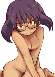 Rule 34 | 1girl, character request, copyright request, covering privates, female focus, female pubic hair, glasses, highres, nude, pubic hair, purple hair, simple background, solo, tears, tenteco (covamin), wavy mouth, white background