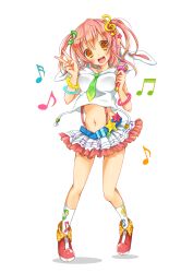 Rule 34 | 1girl, absurdres, blush, breasts, fortissimo, full body, green necktie, hair ornament, highres, holding, holding microphone, kneehighs, looking at viewer, medium breasts, microphone, midriff, musical note, musical note hair ornament, navel, necktie, open mouth, orange eyes, original, picpicgram, pink hair, short twintails, simple background, skirt, smile, socks, solo, standing, teeth, transparent background, treble clef, twintails, v, white background, white skirt, white socks