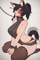 Rule 34 | 1girl, animal ear fluff, animal ears, black collar, black hair, blush, breasts, collar, cuffs, feet, glasses, hair between eyes, hair ornament, handcuffs, heart, highres, hololive, large breasts, leash, meme attire, multicolored hair, ookami mio, panties, red hair, red panties, simple background, smile, soles, solo, streaked hair, tail, tail wagging, thighhighs, underwear, variant set, varniskarnis, virgin killer sweater, virtual youtuber, wolf ears, wolf girl, wolf tail