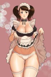 Rule 34 | 1girl, bow, bowtie, breasts, brown eyes, brown hair, cleavage, clothes lift, female focus, gluteal fold, highres, kawakami sadayo, large breasts, maid, matching hair/eyes, medium hair, panties, persona, persona 5, skirt, skirt lift, solo, thick thighs, thigh gap, thighhighs, thighs, twintails, underwear, white panties, wide hips, xelaroseart