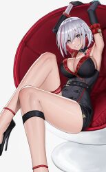 Rule 34 | 1girl, absurdres, armpits, arms up, belt, black belt, black gloves, blue eyes, breasts, cleavage, commentary request, elbow gloves, feet out of frame, gloves, grey background, grey hair, grin, highres, honkai: star rail, honkai (series), khione (yukhione), knee up, large breasts, looking at viewer, short hair, sitting, sleeveless, smile, solo, thigh strap, thighs, topaz (honkai: star rail)