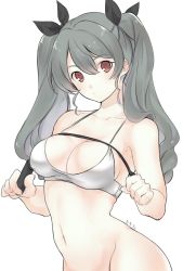 Rule 34 | 1girl, anchovy (girls und panzer), artist name, black ribbon, bottomless, bra, breasts, cleavage, closed mouth, commentary, drill hair, girls und panzer, green hair, hair ribbon, highres, holding, long hair, looking at viewer, medium breasts, navel, red eyes, ribbon, riding crop, signature, simple background, solo, tarou (komekueyo), twin drills, twintails, underwear, underwear only, white background, white bra