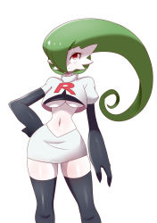 Rule 34 | 1girl, absurdres, arm at side, black gloves, black thighhighs, breasts, closed mouth, clothes writing, colored skin, cosplay, creatures (company), crop top, elbow gloves, female focus, game freak, gardevoir, gen 3 pokemon, gloves, green hair, hair over one eye, hand on own hip, highres, jessie (pokemon), jessie (pokemon) (cosplay), long hair, looking up, lucyfer, medium breasts, miniskirt, navel, nintendo, one eye covered, pencil skirt, pokemon, pokemon (anime), pokemon (creature), puffy short sleeves, puffy sleeves, red eyes, shiny clothes, shiny skin, shirt, short sleeves, simple background, skirt, solo, standing, stomach, thighhighs, thighs, underboob, very long hair, white background, white shirt, white skin, white skirt, zettai ryouiki