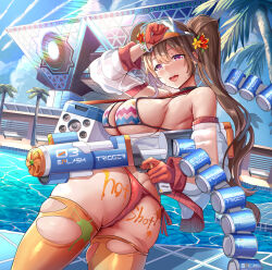 Rule 34 | 1girl, :d, album cover, ass, bare shoulders, bikini, breasts, cloud, comiket 100, commentary, cover, detached sleeves, flower, forehead, gloves, gun, hair flower, hair ornament, hand up, himuro shunsuke, holding, holding gun, holding weapon, jacket, large breasts, long hair, looking at viewer, looking back, open mouth, original, outdoors, paint splatter, palm tree, pink eyes, pool, rainbow gradient, red gloves, side-tie bikini bottom, sideboob, sky, smile, solo, sweatdrop, swimsuit, teeth, thighhighs, thong, tongue, tongue out, torn clothes, torn thighhighs, tree, twintails, upper teeth only, water gun, weapon, yellow thighhighs