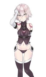 Rule 34 | 1girl, arm up, bad id, bad pixiv id, bandaged arm, bandages, bare shoulders, black gloves, black panties, black shirt, black thighhighs, blush, closed mouth, commentary request, facial scar, fate/grand order, fate (series), gloves, grey eyes, hair between eyes, hand on own head, head tilt, highres, jack the ripper (fate/apocrypha), looking at viewer, mizoredama, navel, panties, scar, scar across eye, scar on cheek, scar on face, shirt, shoulder tattoo, silver hair, single glove, sleeveless, sleeveless shirt, smile, solo, tattoo, thighhighs, underwear